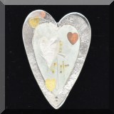 J056. 22K gold, silver and copper heart pin signed M. Rogers. 2” - $